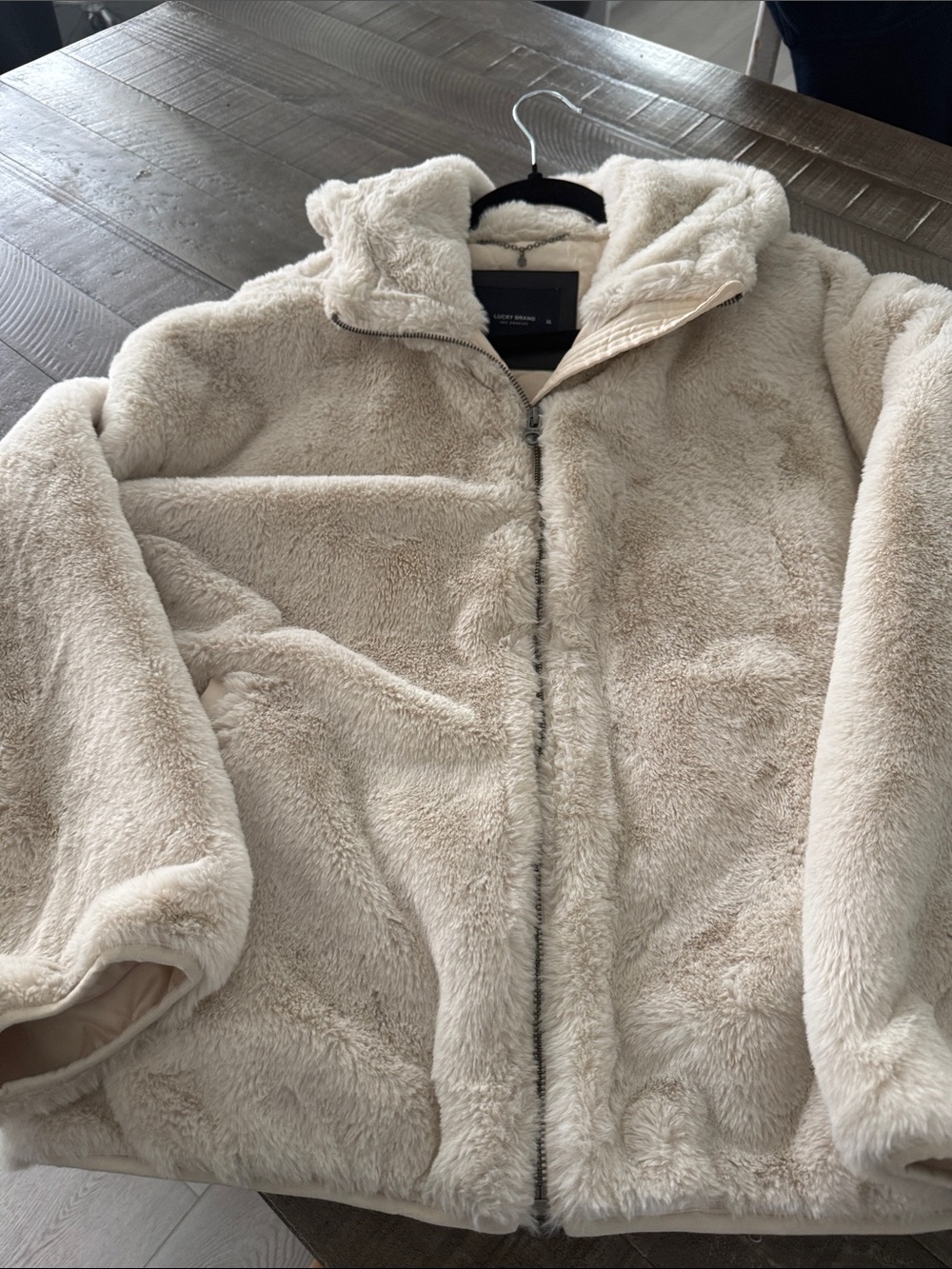 Lucky Brand Plush Cream Teddy Zip-Up Jacket with Hood